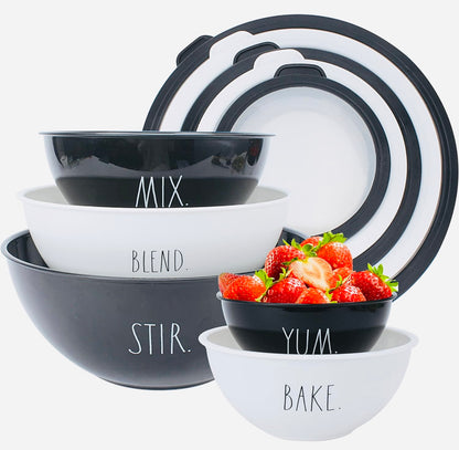 New Rae Dunn black & white plastic kitchen mixing bowl set