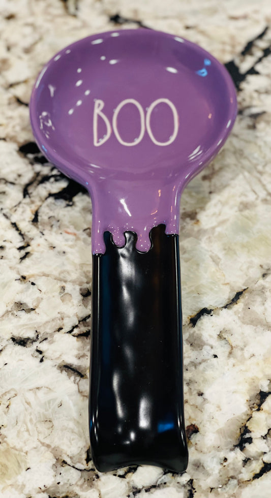 New Rae Dunn purple and black drip Halloween collection BOO spoon rest