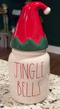 New Rae Dunn white ceramic Christmas decor canister  JINGLE BELLS elf hat topper 7”