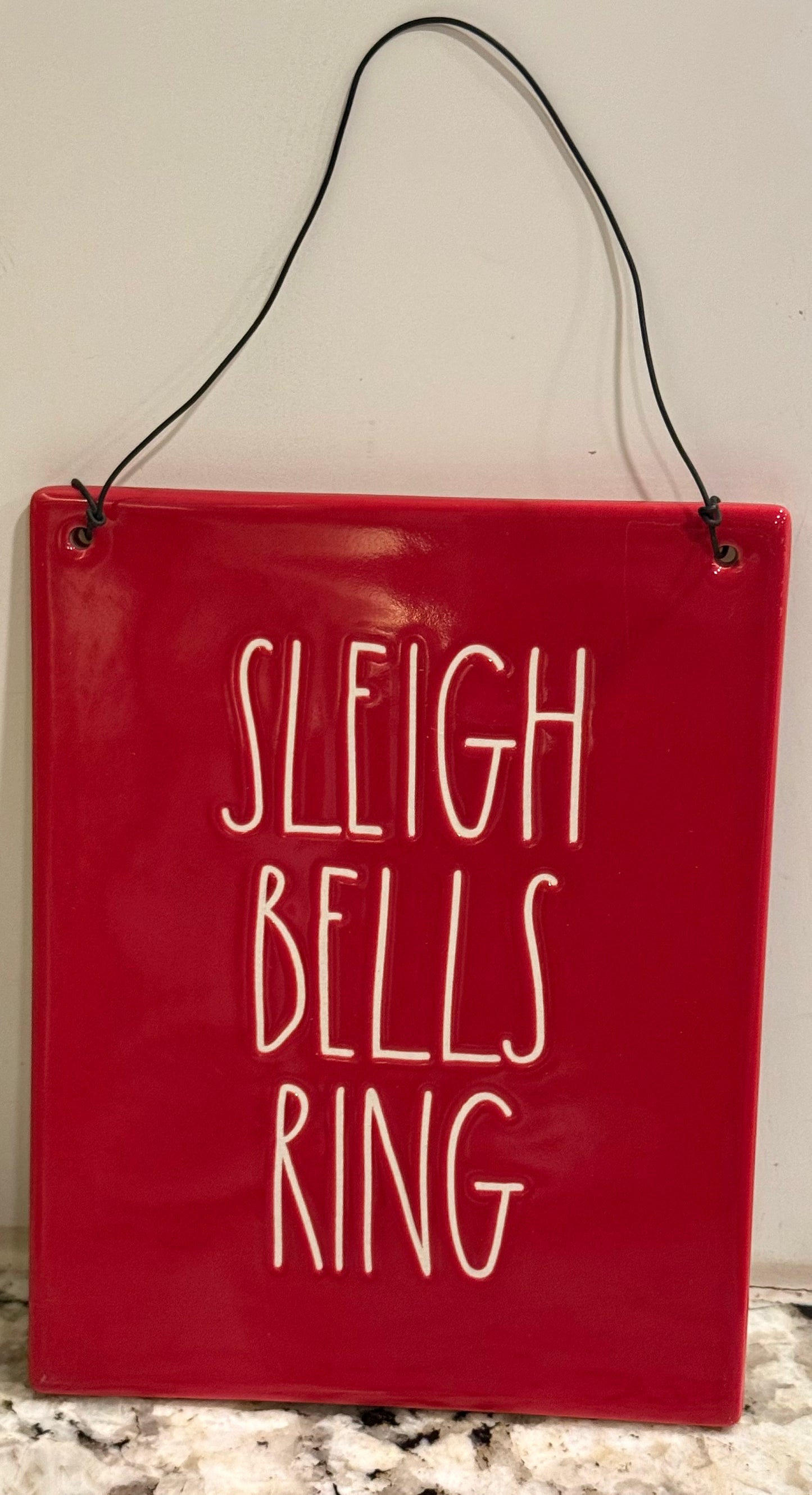 New Rae Dunn red ceramic Christmas decor hanging wall sign SLEIGH BELLS RING