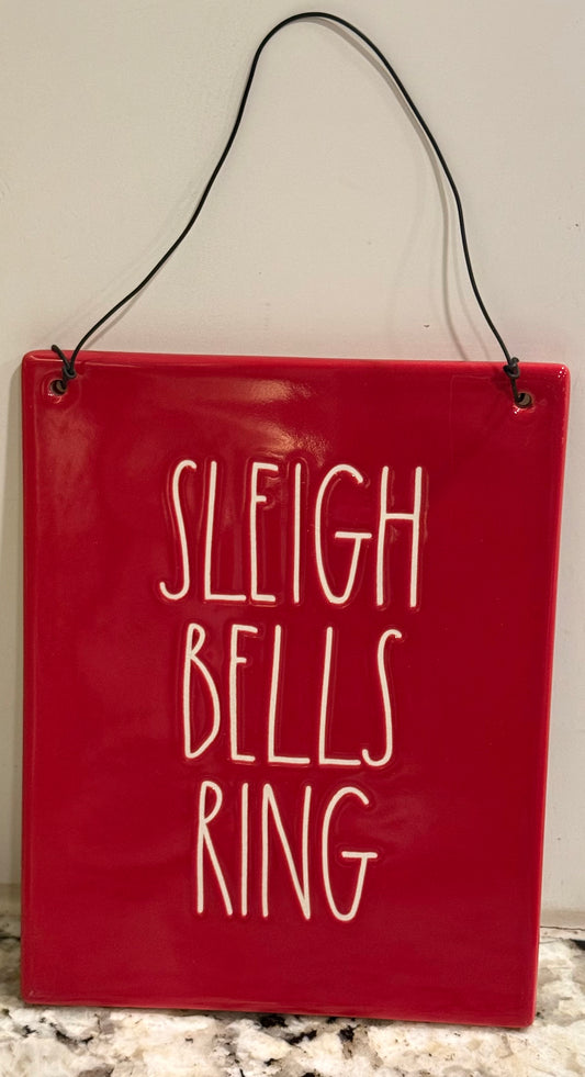 New Rae Dunn red ceramic Christmas decor hanging wall sign SLEIGH BELLS RING