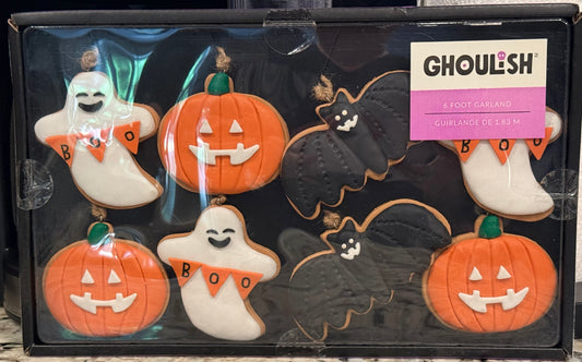 New Ghoulish faux cookie hanging orange/black ghost & bats Halloween decor