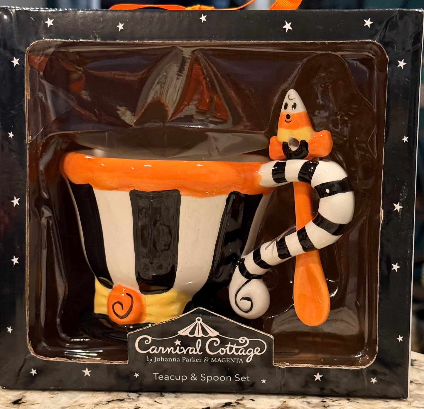 New Joanna Parker ceramic striped Halloween coffee mug with spoon