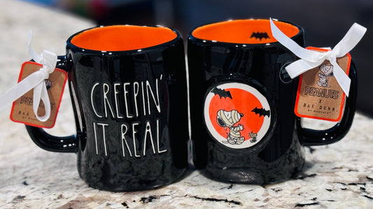 New Rae Dunn x Peanuts black ceramic Halloween decor coffee mug CREEPIN’ IT REAL