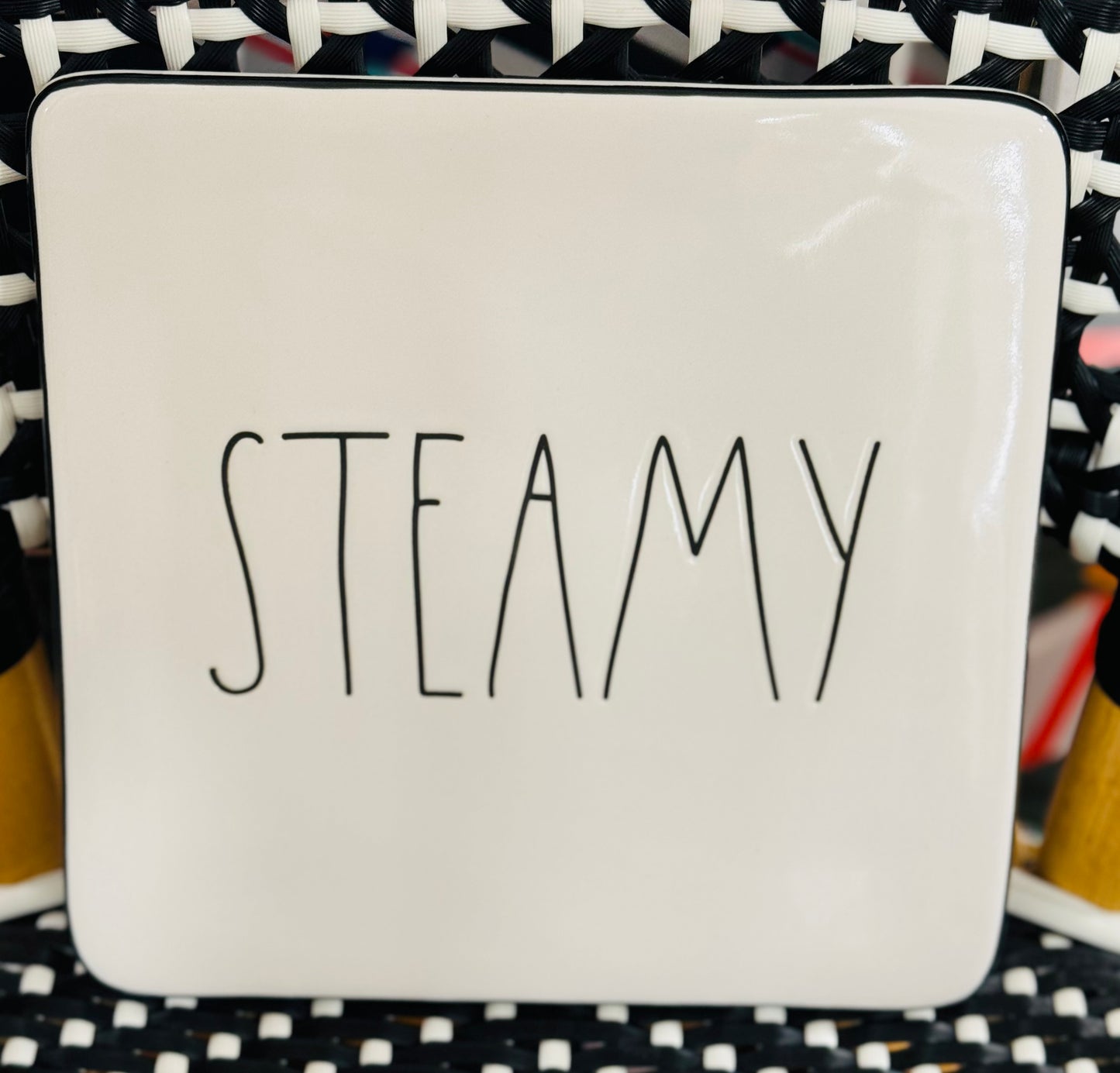 New Release Rae Dunn 8x8 ceramic hot plate STEAMY lined with black trim