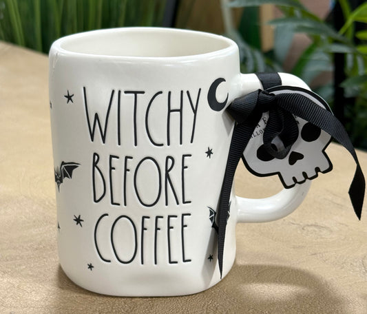 New Rae Dunn white ceramic Halloween coffee mug WITCHY BEFORE COFFEE