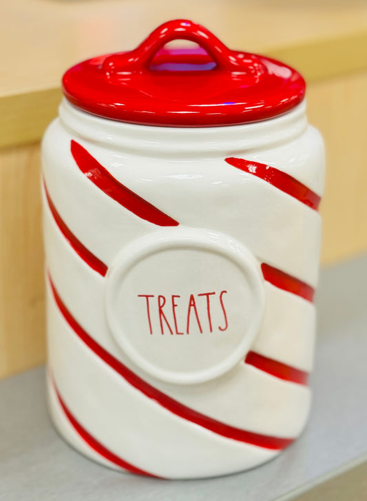 New Rae Dunn red & white striped ceramic Christmas canister TREATS