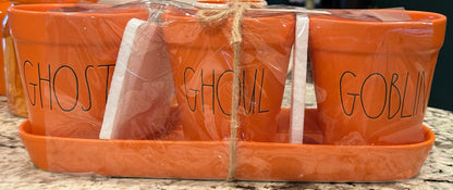 New Rae Dunn Halloween 4-piece orange ceramic planter set GHOST GHOUL GOBLIN