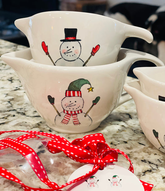 New Rae Dunn white ceramic Teacup Snowman New Release Measuring cup set