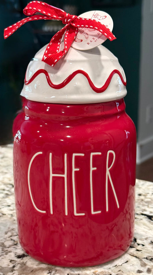 New Rae Dunn red ceramic Christmas decor storage canister CHEER