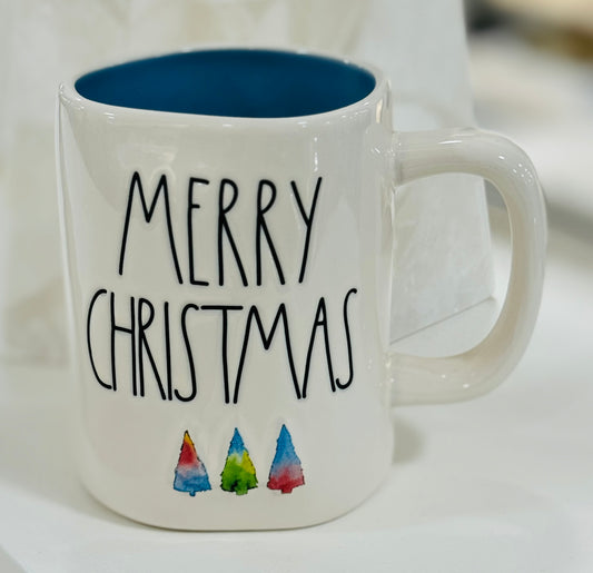 New Rae Dunn white ceramic mug MERRY CHRISTMAS pastel raised tree