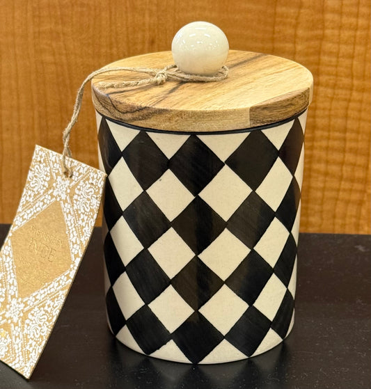 New ceramic 4” made in India wood lid black diamond check storage canister