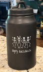 New Rae Dunn matte black ceramic 9” Halloween dancing skeleton canister HAPPY HALLOWEEN