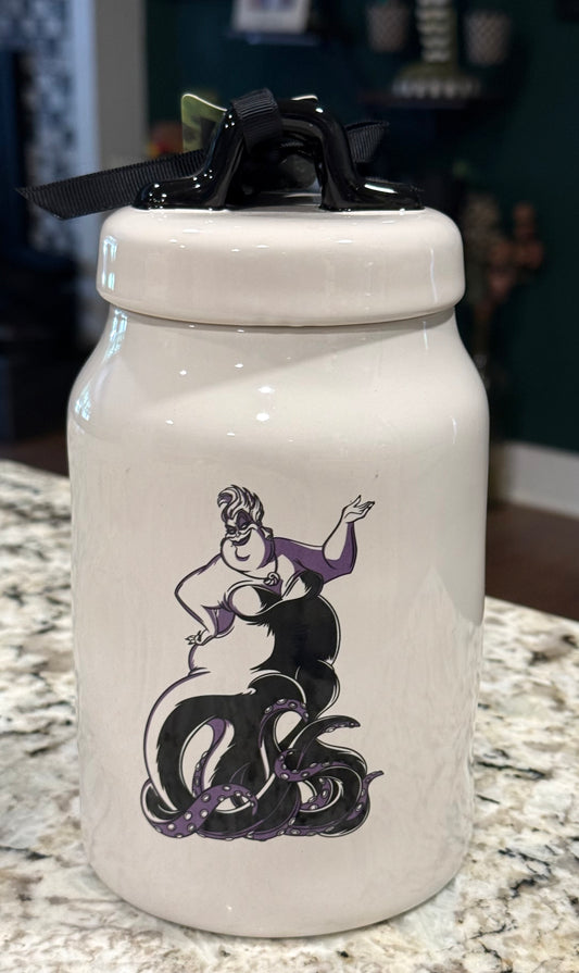 New Rae Dunn x Disney’s The Little Mermaid white ceramic Halloween decor 8” canister Ursula on back UNFORTUNATE SOULS