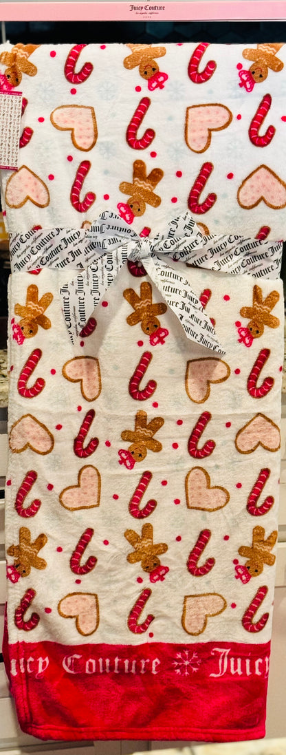 New Juicy Couture Pink & white Christmas gingerbread throw blanket