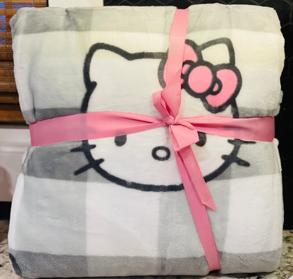 New Hello Kitty FULL/QUEEN 90x90 Gray plaid blanket bedding pink ribbon