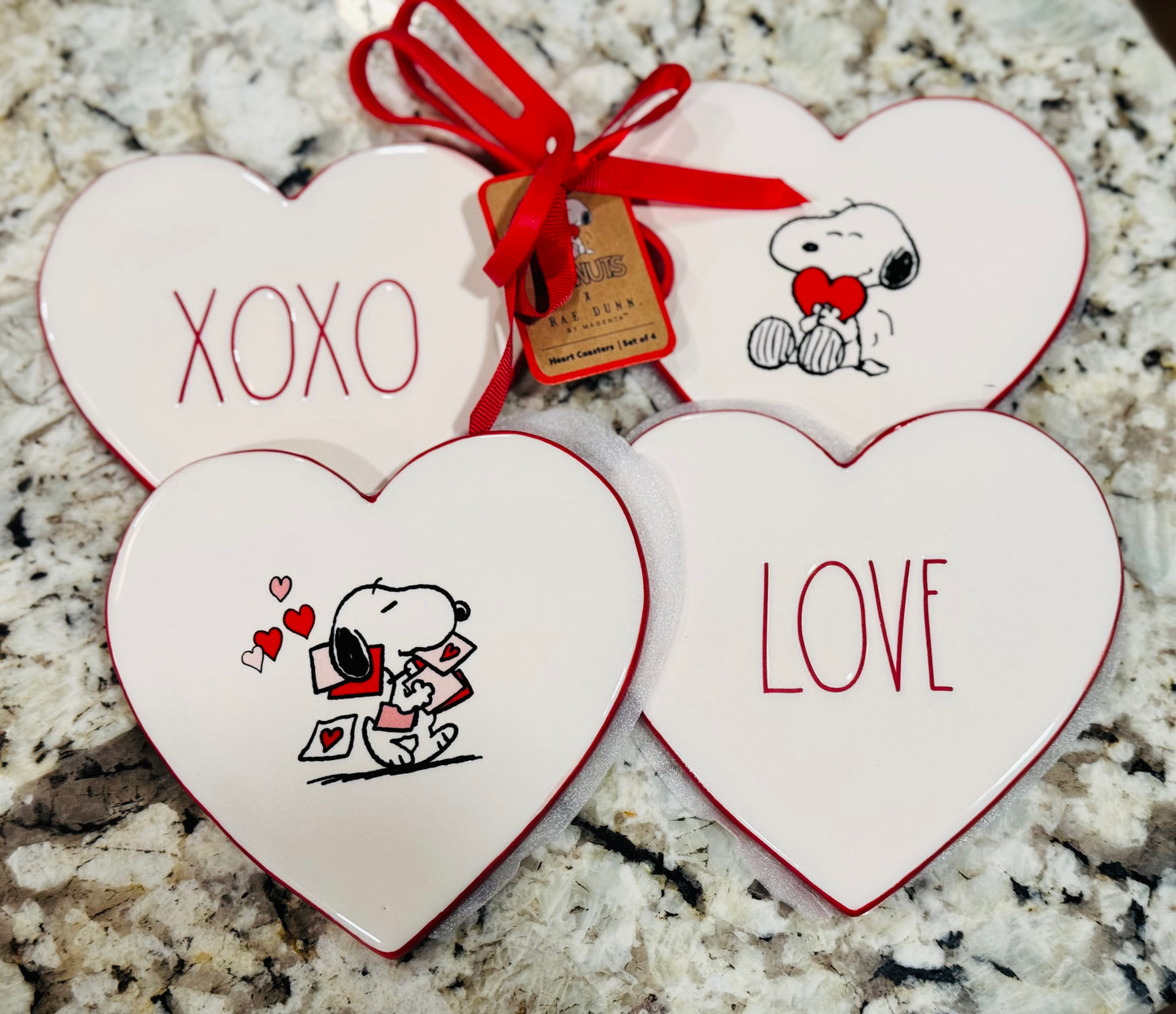 New Rae Dunn x Peanuts Snoopy 4-piece ceramic Valentines heart coaster set