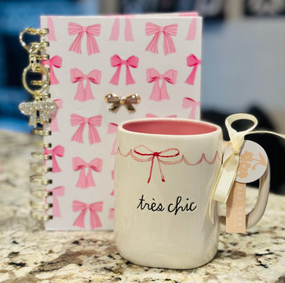 New Rae Dunn TRES CHIC coquette mug and 5x7 notebook set with key fob charm