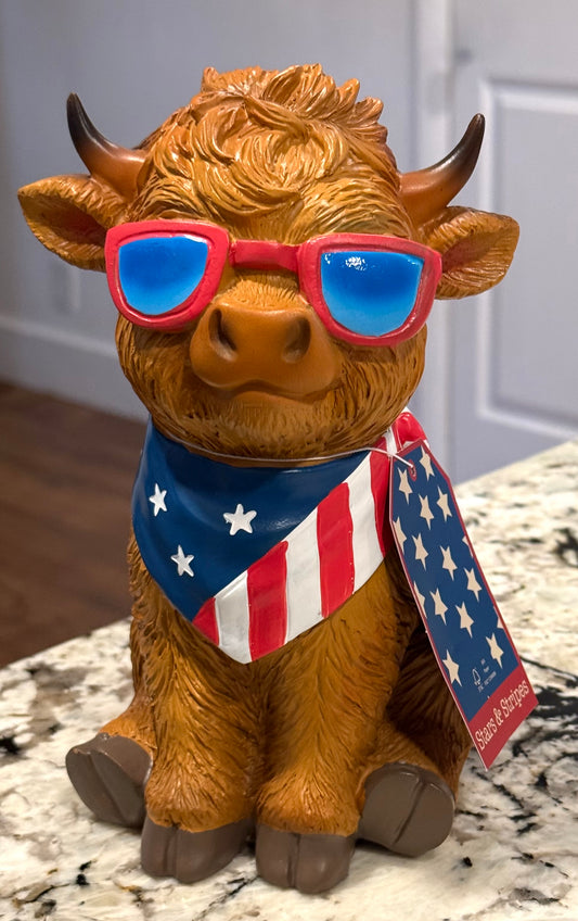 New Stars & Stripes resin USA highland cow with glasses Americana decor