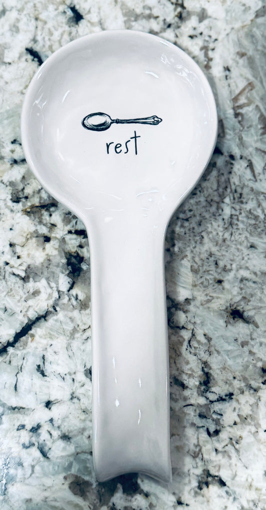 New Rae Dunn white ceramic spoon REST new script style