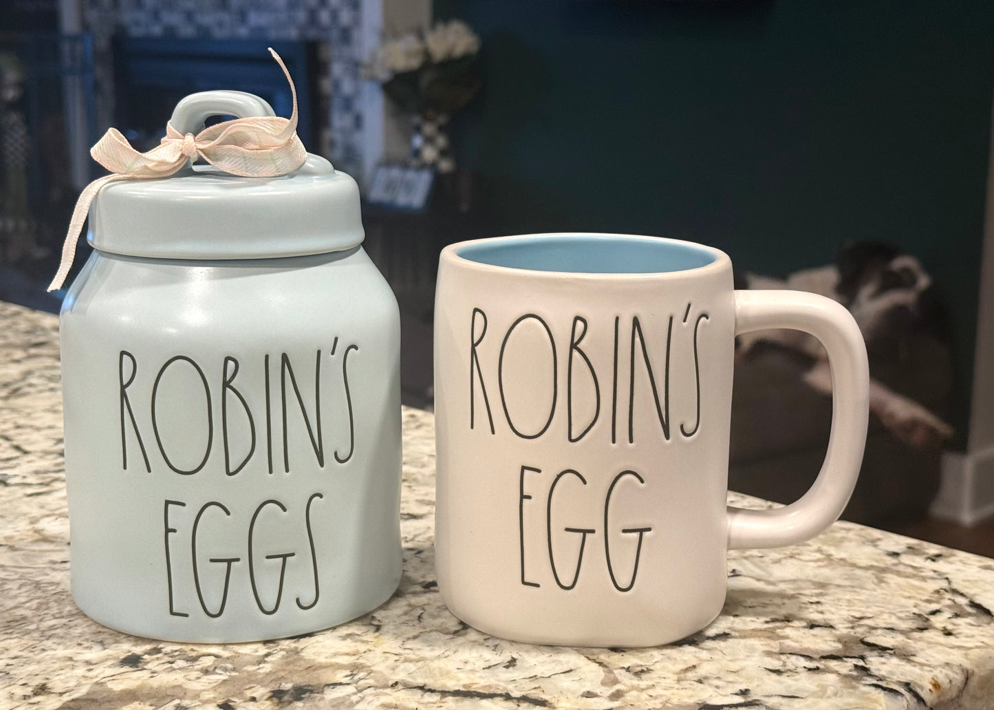 New Rae Dunn Eadter decor 2-piece blue & white ROBIN’S EGG set mug and 6” ceramic canister
