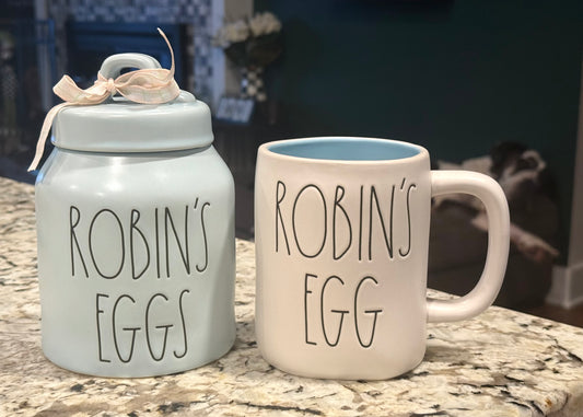 New Rae Dunn Eadter decor 2-piece blue & white ROBIN’S EGG set mug and 6” ceramic canister