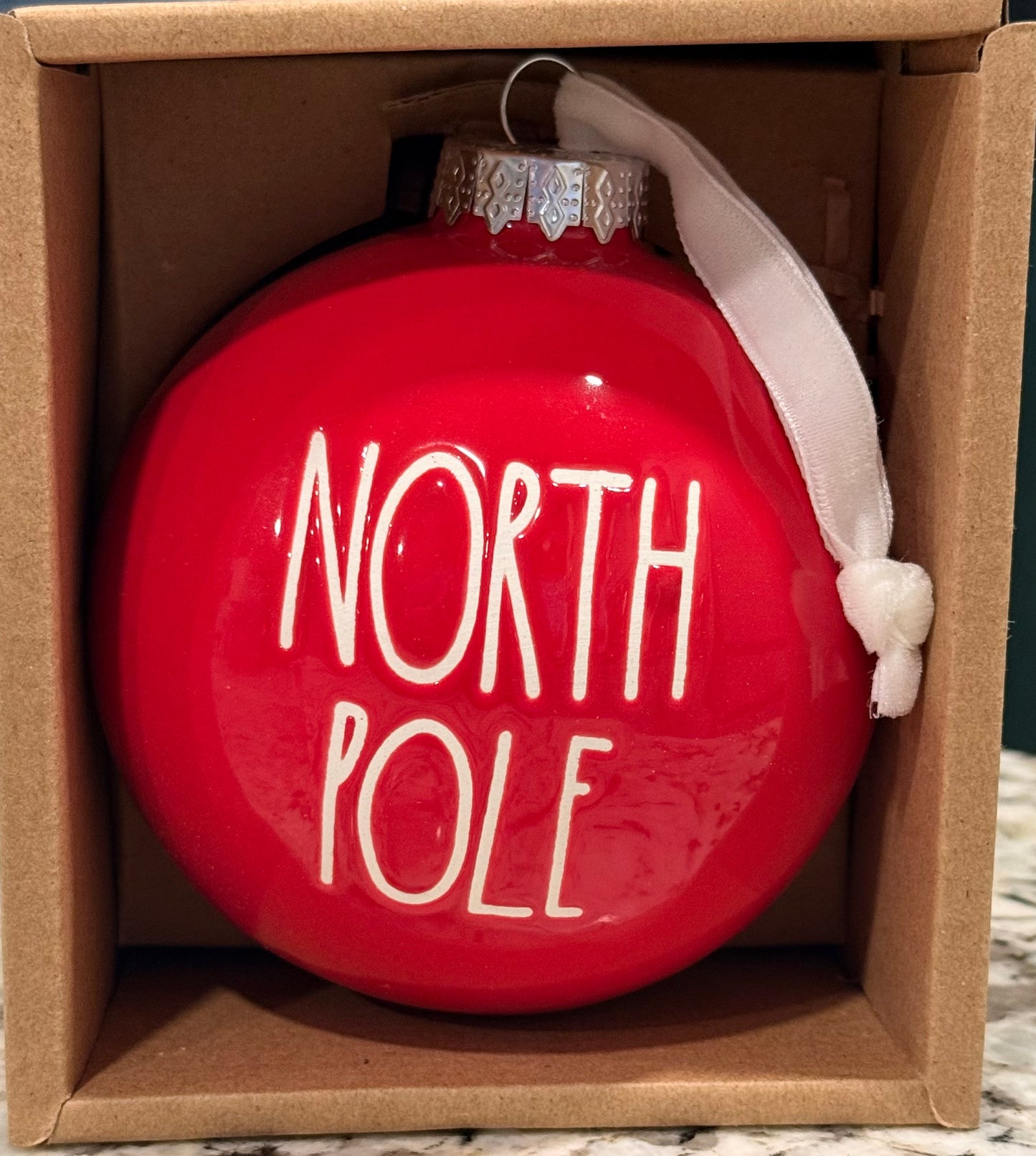 New Rae Dunn red ceramic Christmas ornament NORTH POLE 5”
