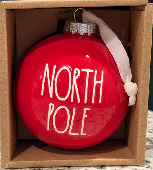 New Rae Dunn red ceramic Christmas ornament NORTH POLE 5”