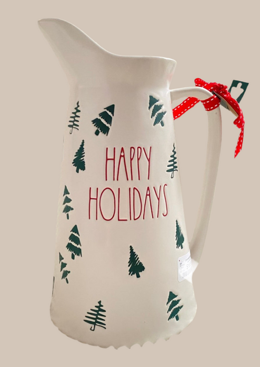 New Rae Dunn white ceramic Christmas tree pitcher print HAPPY HOLIDAYS 11x6.5”