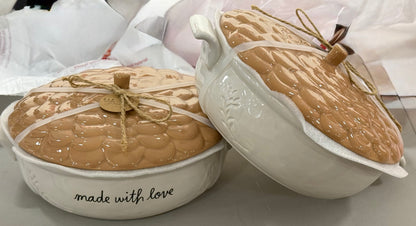 New Rae Dunn white ceramic covered acorn fall Baking dish MADE WITH LOVE 11x9.5