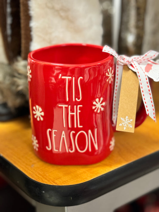 New Rae Dunn red ceramic Coffee mug TIS THE SEASON snowflake