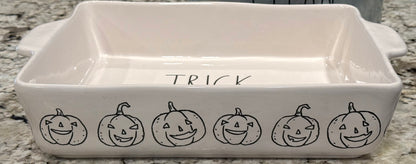New Rae Dunn white  ceramic Halloween decor TRICK OR TREAT baking dish pan casserole dish