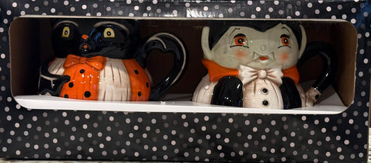 New Joanna Parker ceramic Halloween pumpkin peep mugs box set DRACULA & OWL