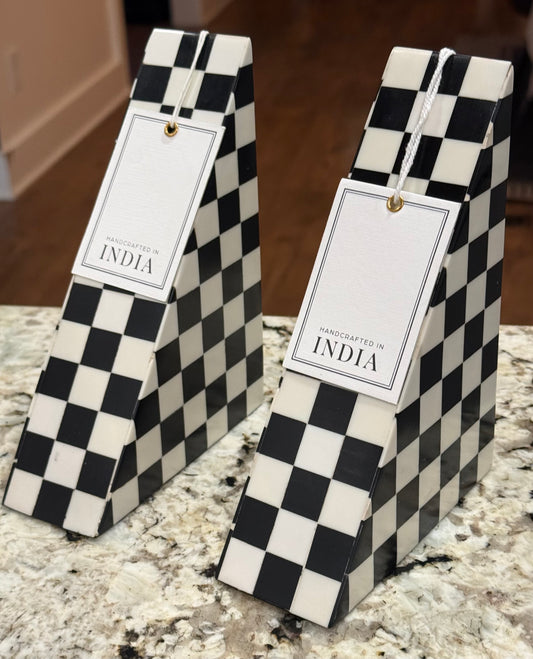New 2-piece black & white checkered book end set 7x5”