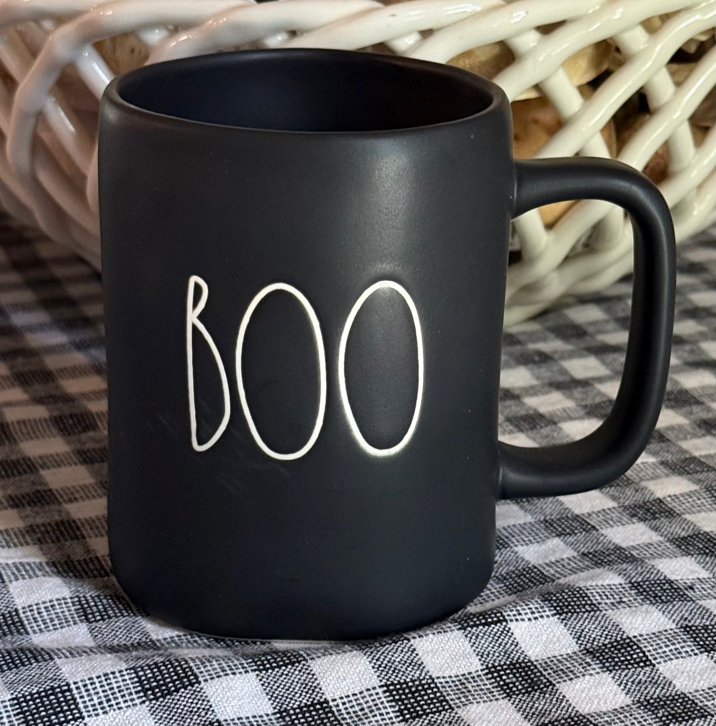 New Rae Dunn matte black ceramic coffee mug Halloween decor BOO