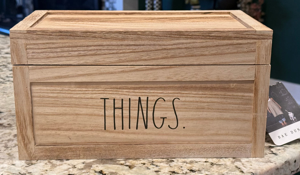 New Rae Dunn wood storage box, hinge close lid THINGS 14x10x6.25