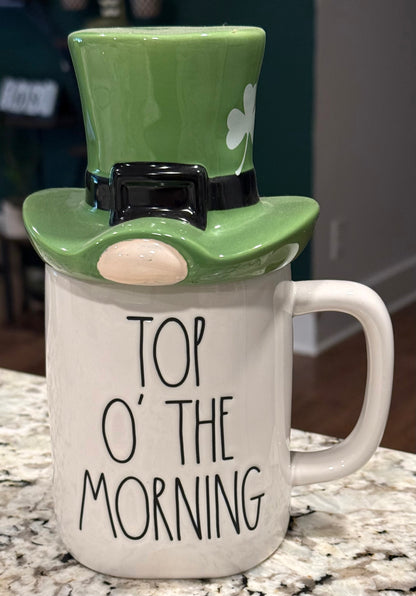 New Rae Dunn ceramic St. Patrick’s Day coffee mug with hat topper TOP O’ THE MORNING