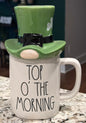 New Rae Dunn ceramic St. Patrick’s Day coffee mug with hat topper TOP O’ THE MORNING