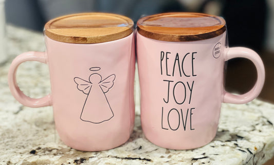 New Rae Dunn ceramic Christmas Angel pink coffee mug PEACE LOVE JOY