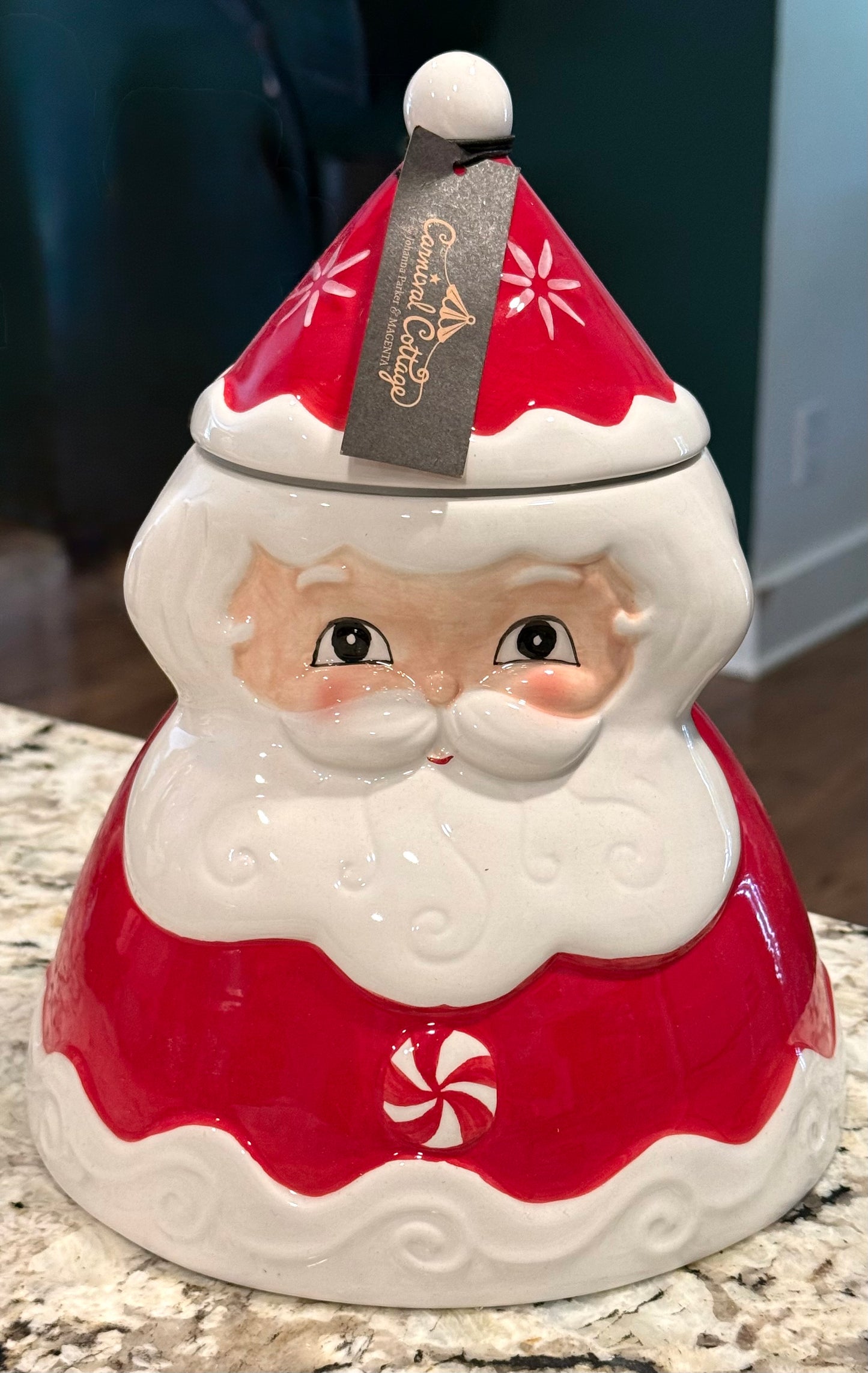 New Joanna Parker red ceramic Mr Claus Christmas cookie jar storage container decor 8”