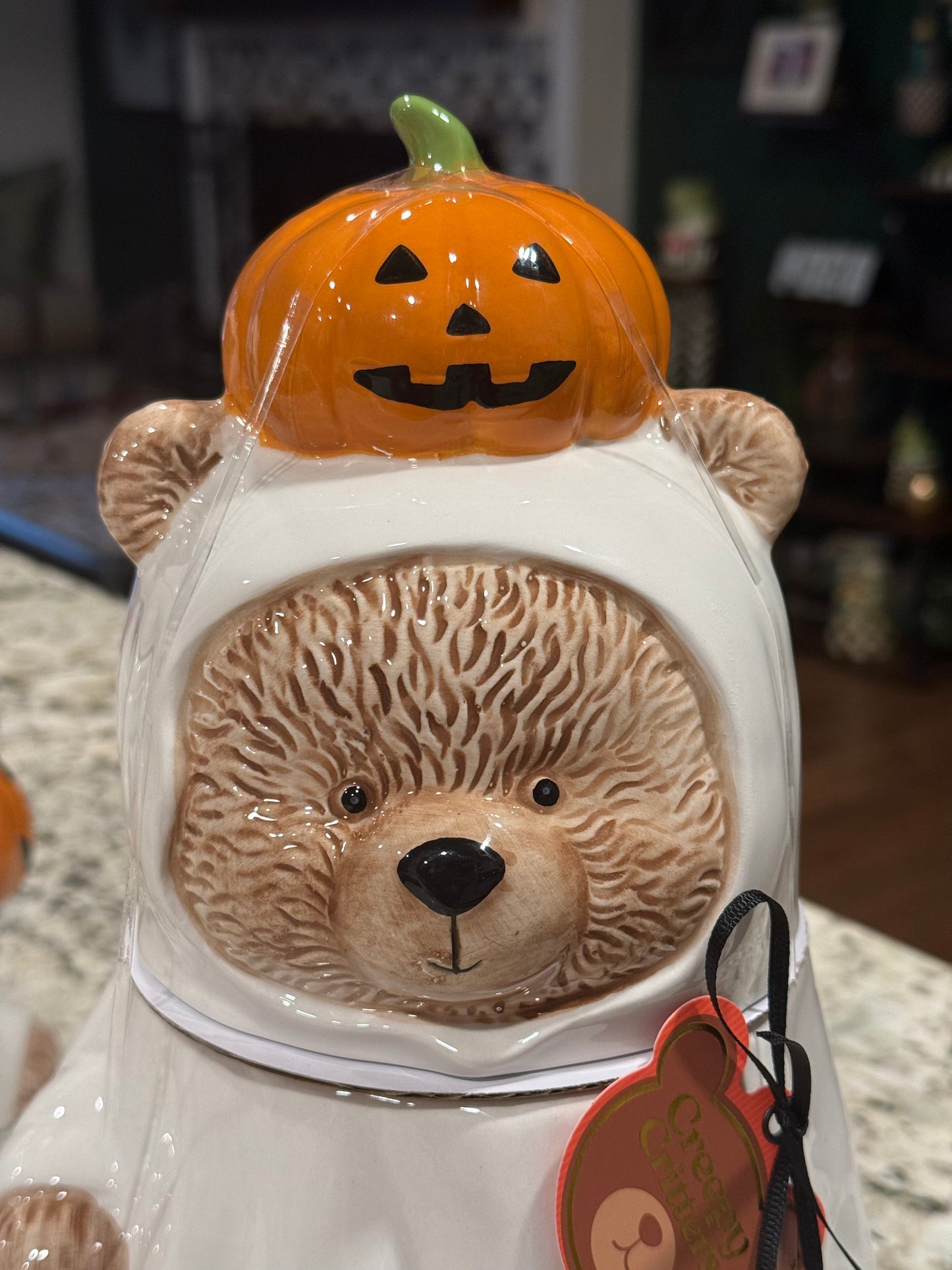 New ceramic Creepy Critters teddy bear ghost with pumpkin cookie jar canister Halloween decor 11.5x8