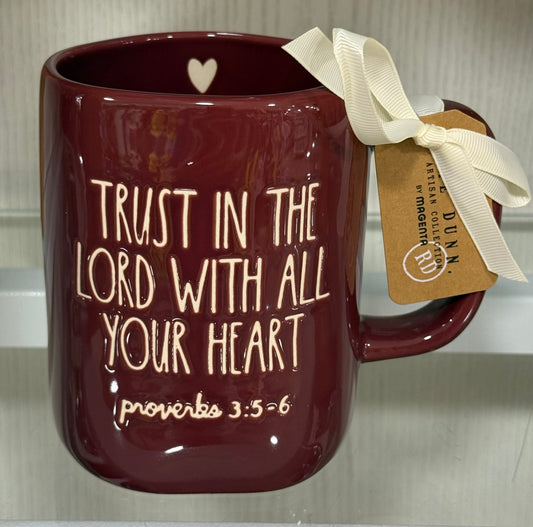 New Rae Dunn burgundy ceramic coffee mug TRUST IN THE LORD WITH ALL YOUR HEART