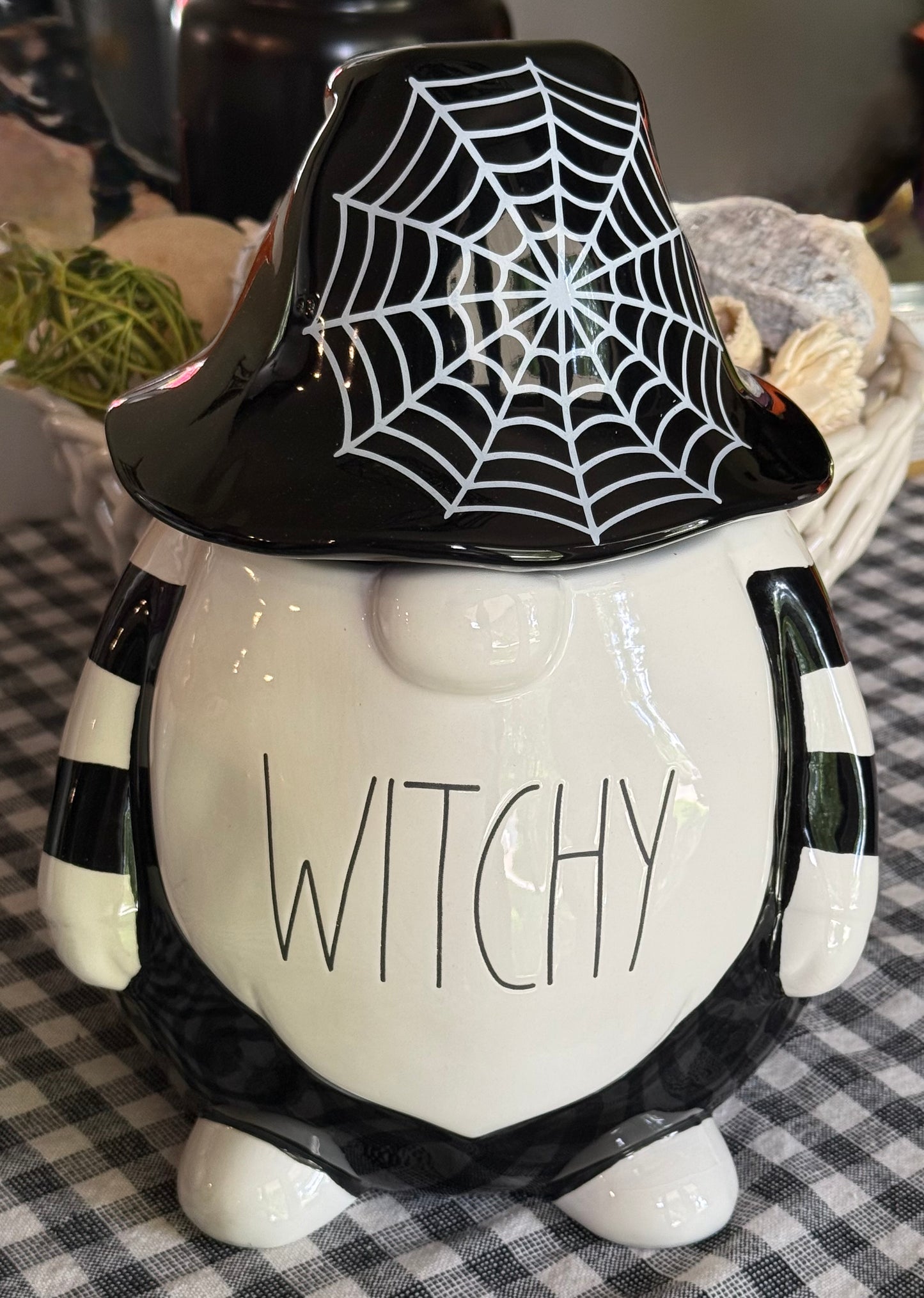New Rae Dunn black/white ceramic Halloween decor gnome cookie jar canister WITCHY 9.5”