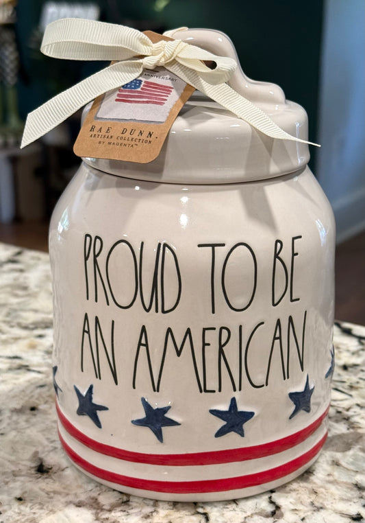 New Rae Dunn patriotic ceramic 6” July 4th americana canister PROUD THE BE AN AMERICAN