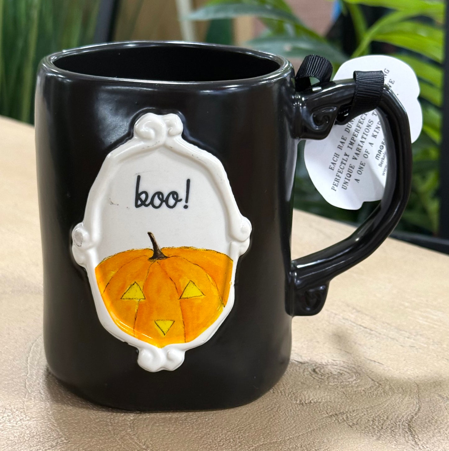 New Rae Dunn black  ceramic Halloween raised pumpkin coffee mug BOO!