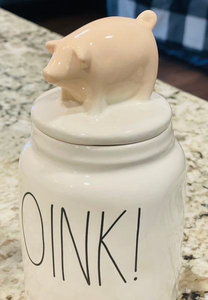 New Rae Dunn white ceramic storage canister Farmline decor OINK! 🐖 topped