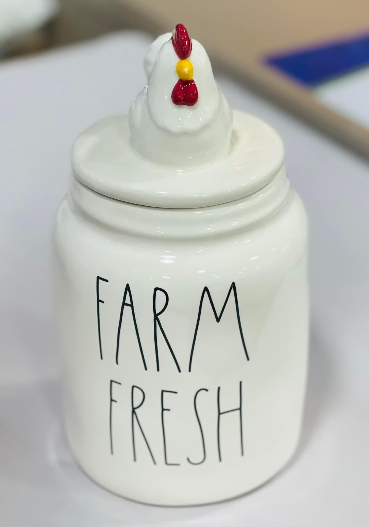 New Rae Dunn white ceramic chicken topped Farmline canister FARM FRESH