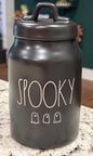 New Rae Dunn black ceramic Halloween decor canister 8” SPOOKY
