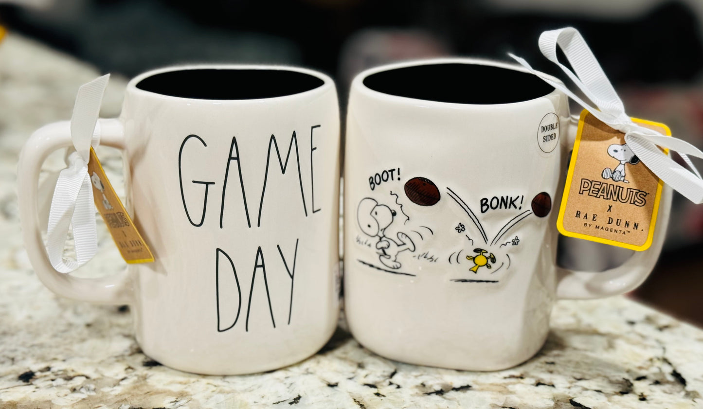 New Rae Dunn x Peanuts Snoopy ceramic football 🏈 coffee mug decor GAME DAY