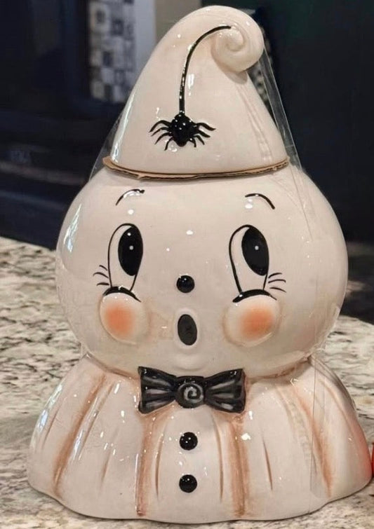 New Joanna Parker ceramic vintage Halloween ghost cookie jar canister decor